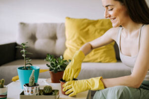 A woman potting a jade plant with her hands in a living room.